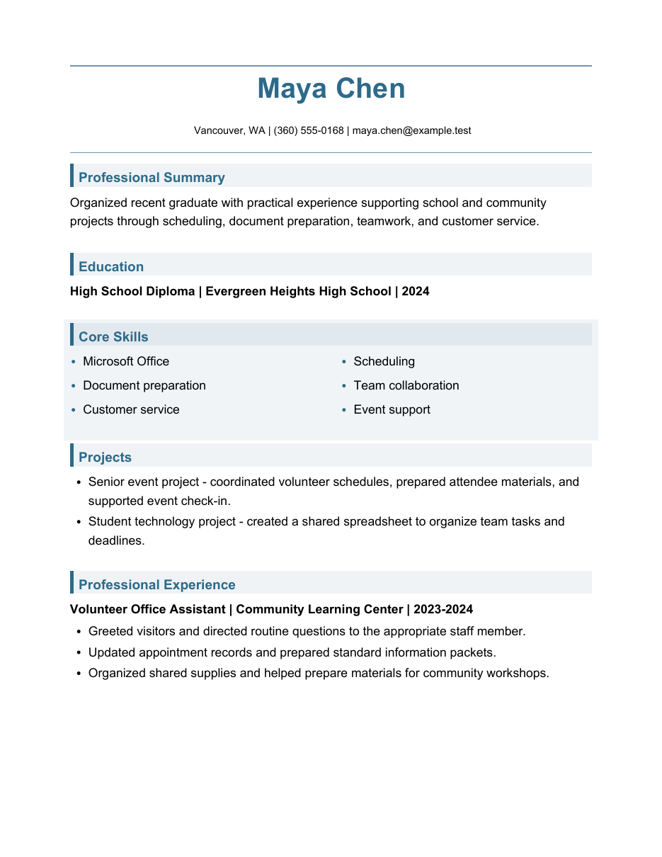 Fictional one-page entry-level resume that gives education, projects, skills, and volunteer experience clear structure