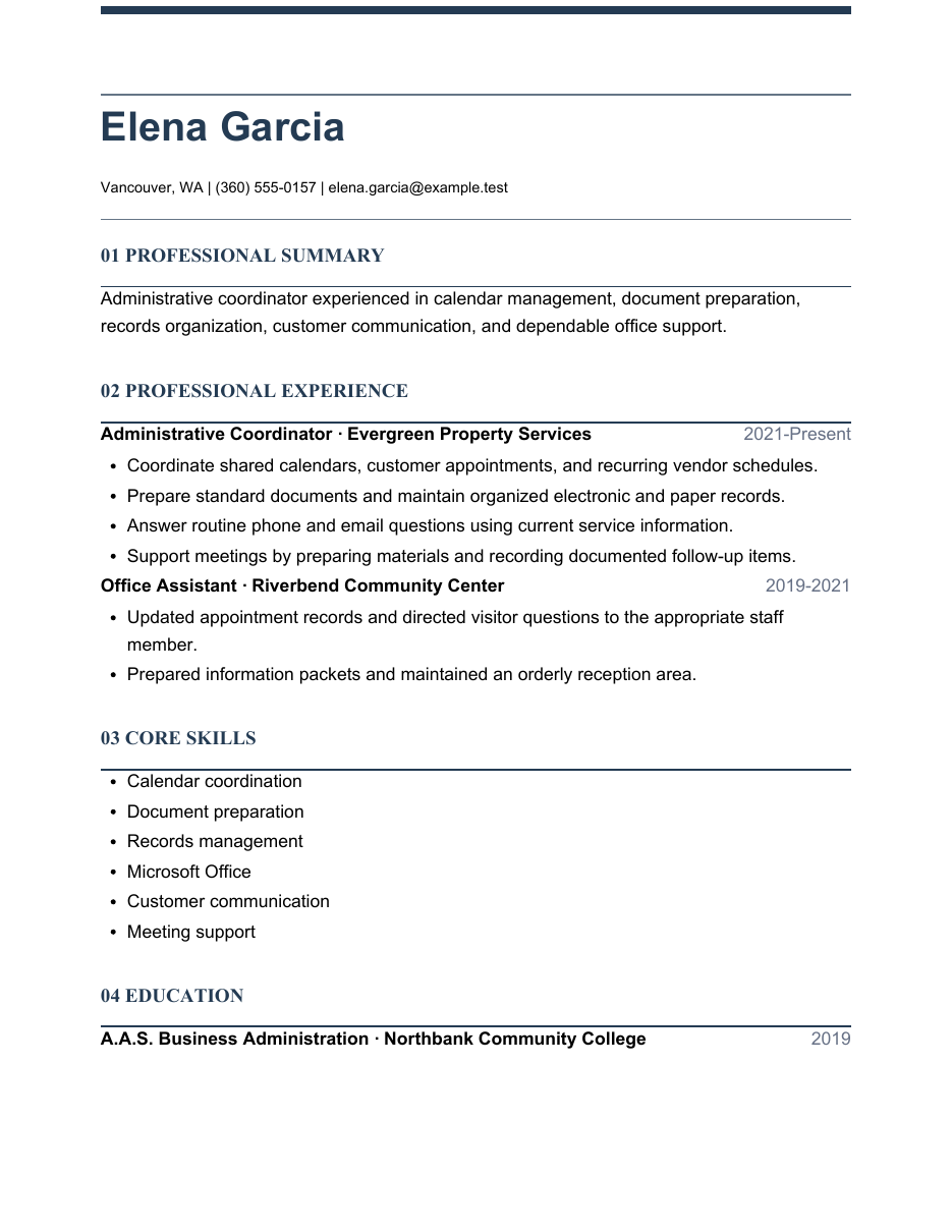 Fictional one-page administrative coordinator resume with a muted navy hierarchy and balanced spacing